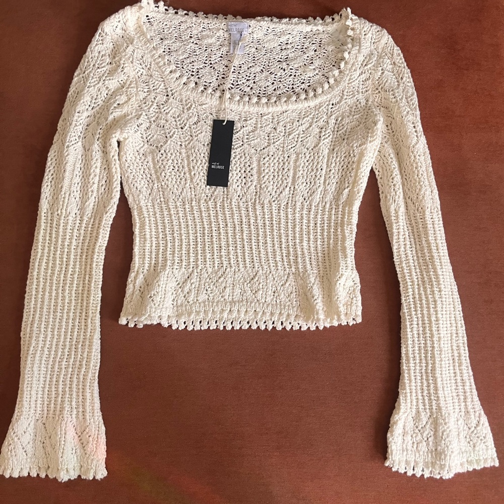Cream Crocheted Long Sleeve Scoop Neck Top Abercrombie